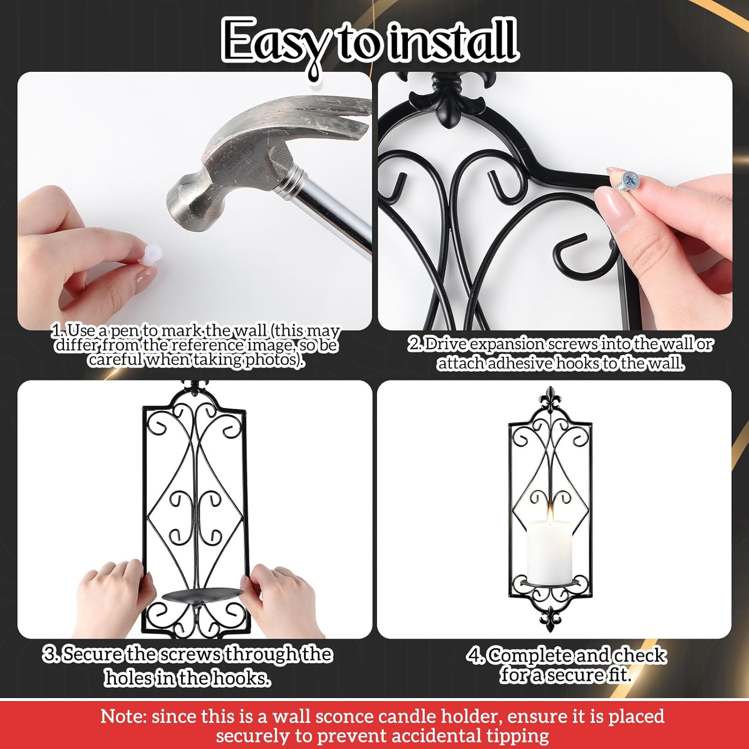 Ziliny Set of 2 Wall Sconce Candle Holder Black Vintage Wall-Mount Metal Candle Holders Hanging Iron Wall Sconce for Home, Living Room, Bathroom, Dining Room Winter Decor, 16.5 x 5.7 Inches