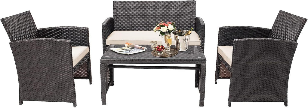 HAPPYGRILL Set of 4 Rattan Conversation Set Outdoor Wicker Furniture Set with Tempered Glass Coffee Table, Soft Cushions, Weather-Resistant Rattan Chair Set for Garden Backyard Poolside