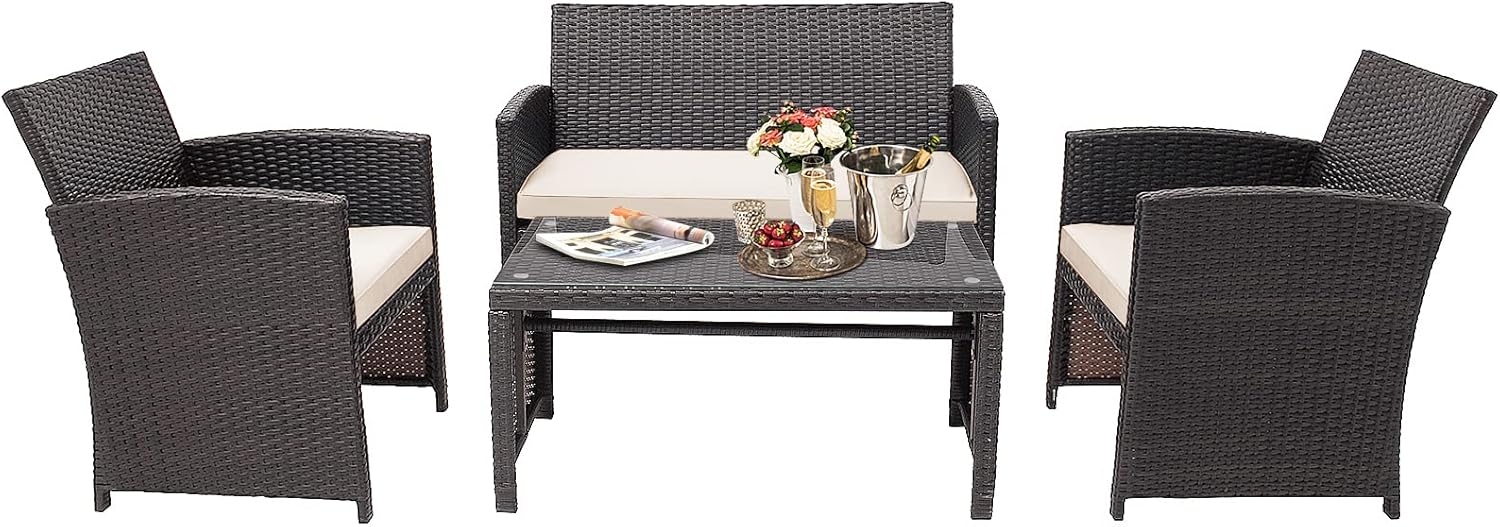 HAPPYGRILL Set of 4 Rattan Conversation Set Outdoor Wicker Furniture Set with Tempered Glass Coffee Table, Soft Cushions, Weather-Resistant Rattan Chair Set for Garden Backyard Poolside
