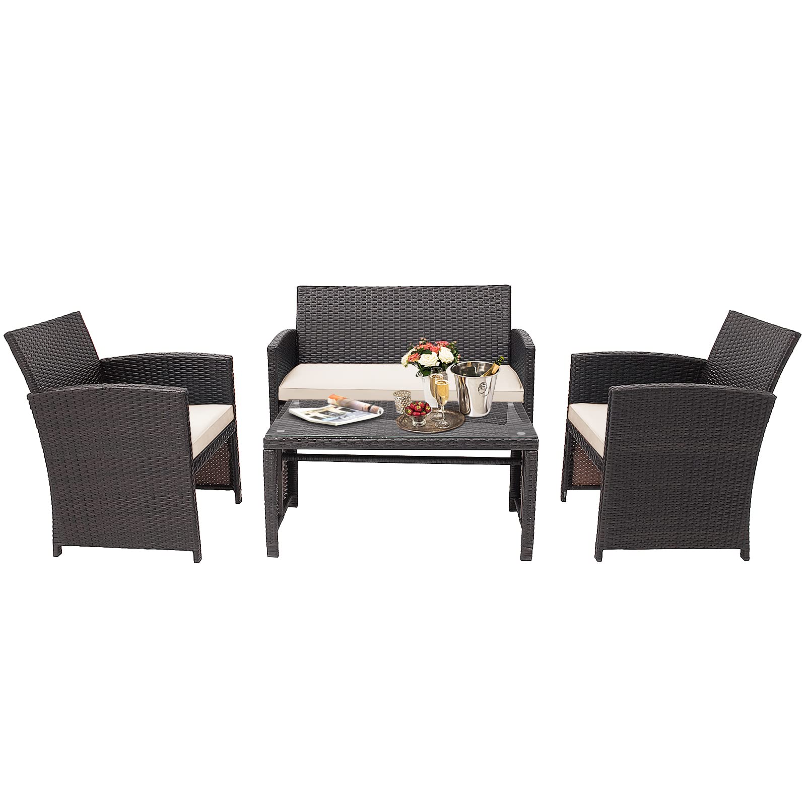 HAPPYGRILL Set of 4 Rattan Conversation Set Outdoor Wicker Furniture Set with Tempered Glass Coffee Table, Soft Cushions, Weather-Resistant Rattan Chair Set for Garden Backyard Poolside