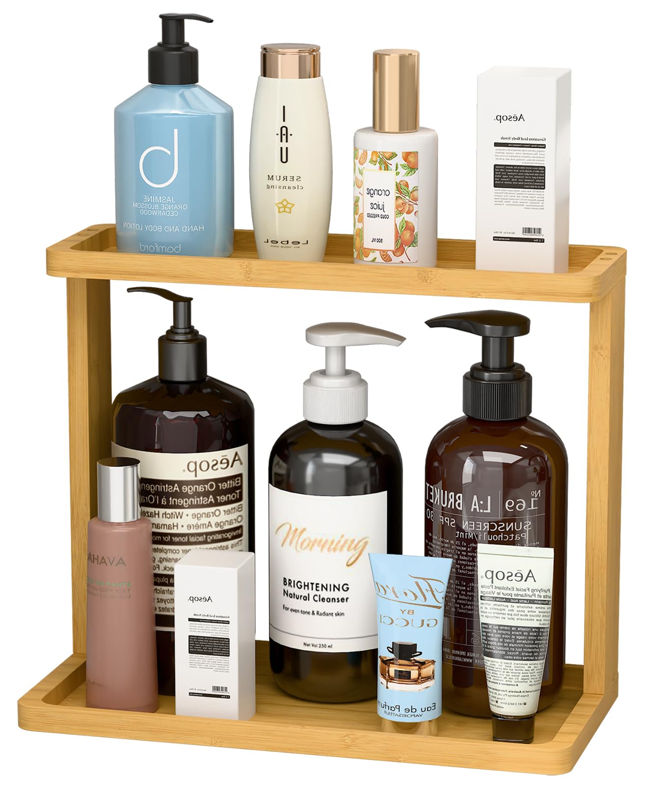 PEKER Bamboo Bathroom Organizer Countertop – Small Vanity Storage Shelf for Makeup, Perfume, Skincare – Natural Cosmetics Display Rack for Dresser, Sink, Kitchen –White