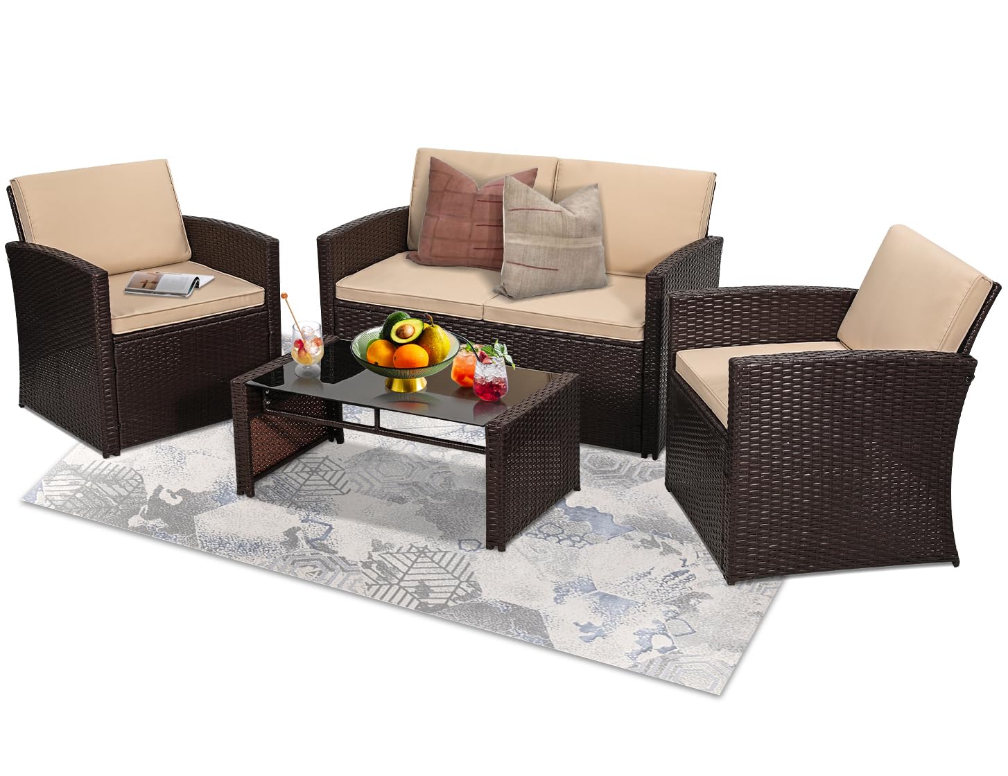 KROFEM 4-Piece Patio Furniture Set, Wicker Outdoor Rattan Sectional Sofa with Cushions and Glass Table, All-Weather Outdoor Conversation Set for Garden, Porch, Backyard, Patio, Black