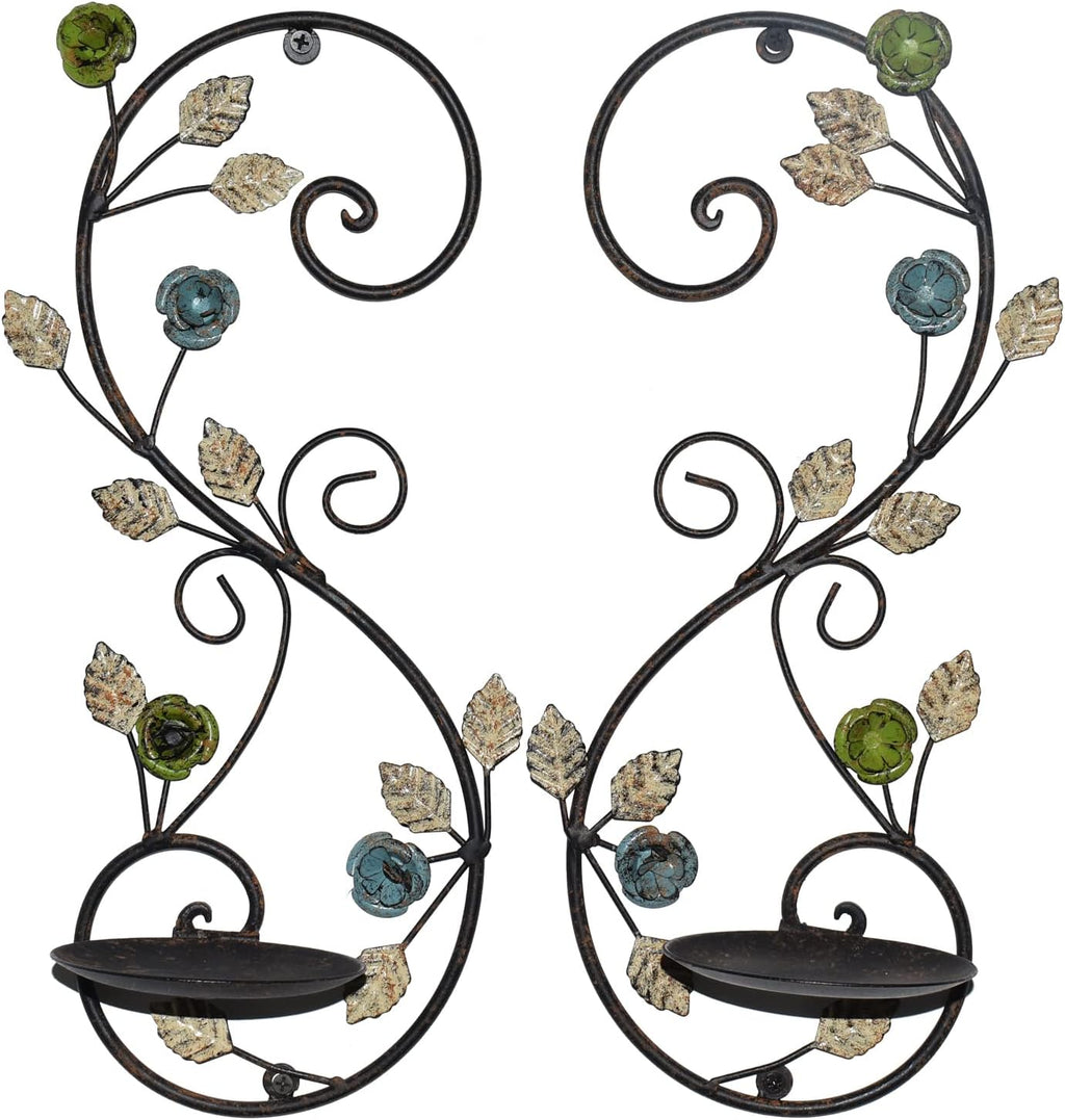 Wall Sconces Candle Holder Set of 2, Antique Multi-Color Leaf Branch Wall Mount Hanging Metal Wall Candle Holder Candle Sconce for Living Room Dining Room…