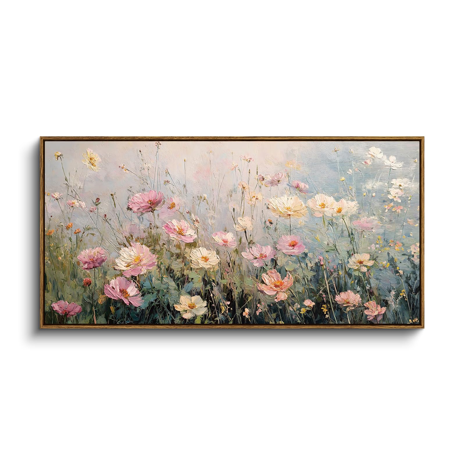 InSimSea Extra Large Framed Vintage Wall Art, Living Room Country Farmhouse Decor, Wild Field under Sky Landscape Paintings, Canvas Prints, Scenery Long Picture for Bedroom Above of Bed,12x36inch