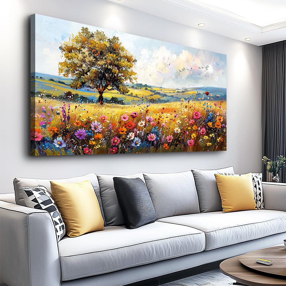 hyidecorart Vintage Farmhouse Wildflower Wall Paintings Canvas Wall Art for Living Room Wall Decor for Bedroom Office Decorations Nature Landscape Picture Artwork Aesthetic Home Decor Ready To Hang