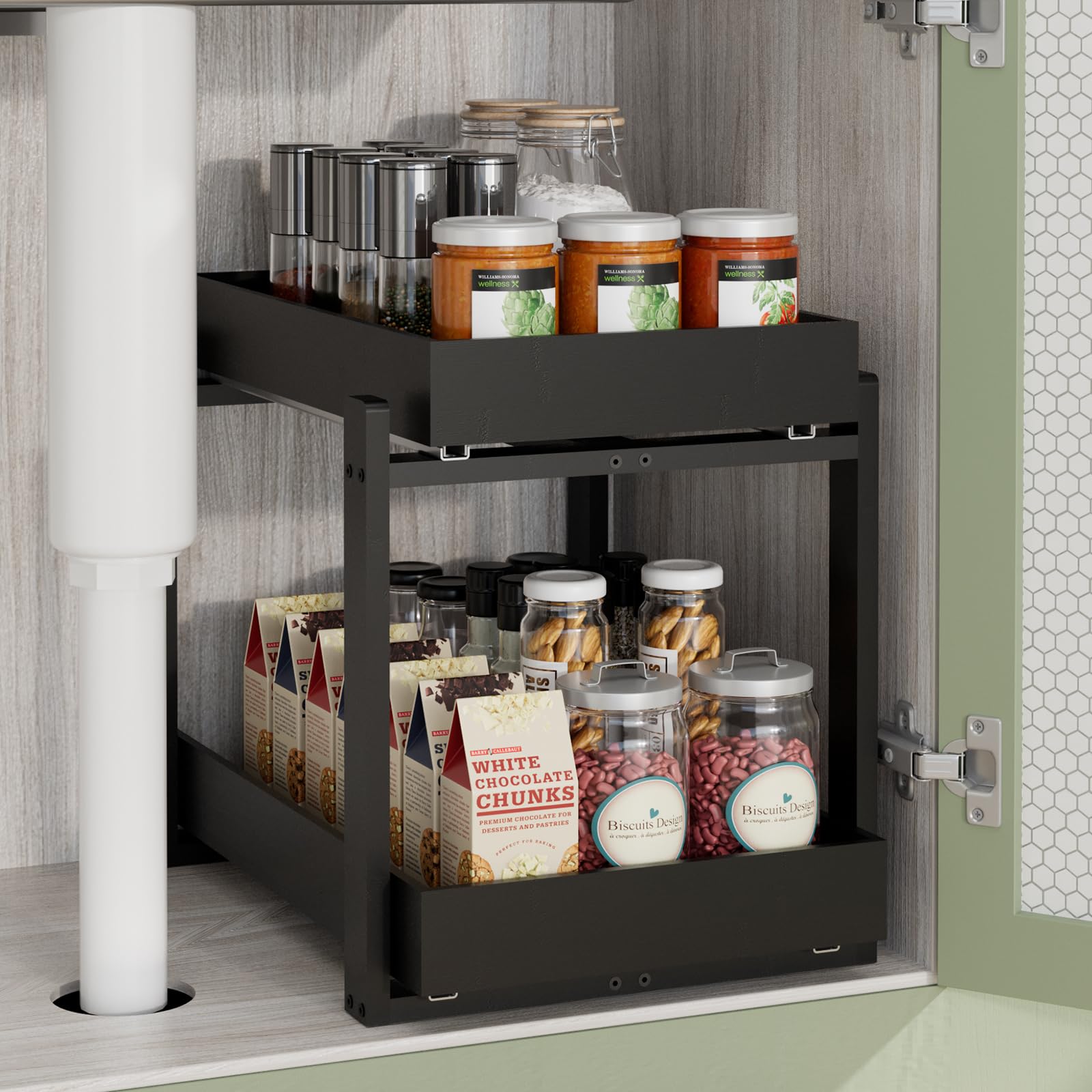 APRTAT 2 Pack Under Sink Organizer, Bamboo Wooden 2-Tier Pull-Out Storage with Sliding Drawers for Kitchen and Bathroom Cabinets, Easy Installation (Natural, 2 Packs)
