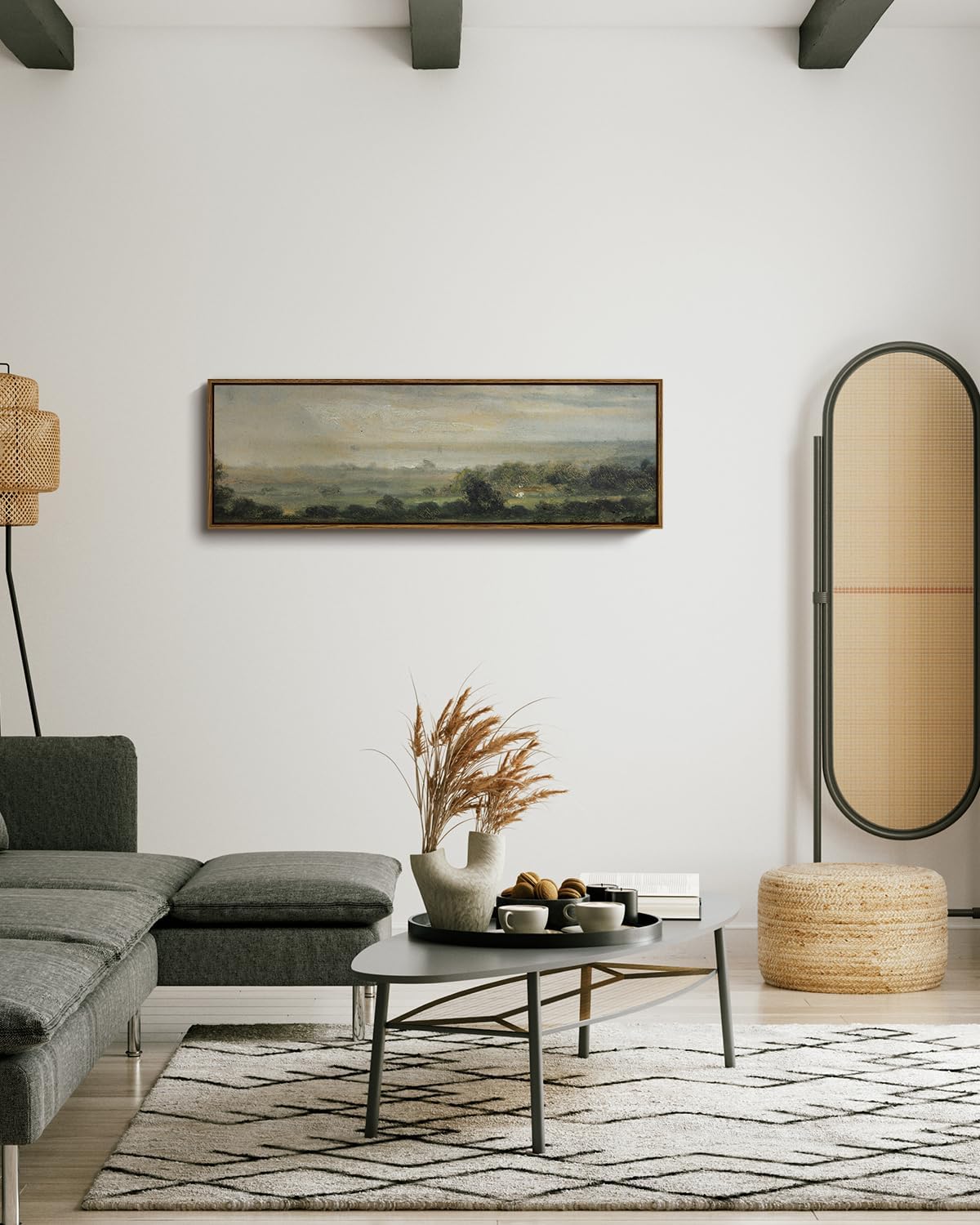 InSimSea Extra Large Framed Vintage Wall Art, Living Room Country Farmhouse Decor, Wild Field under Sky Landscape Paintings, Canvas Prints, Scenery Long Picture for Bedroom Above of Bed,12x36inch