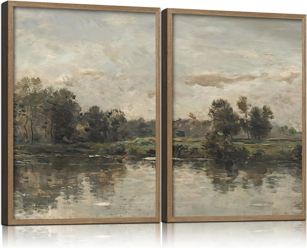 2Pcs Framed Canvas Wall Art Countryside Artwork Prints Landscape Posters Gallery Retro Classic Nature Pictures Home Decor Living Room Bedroom Office Farmhouse 12X16 Inch Ready to Hang