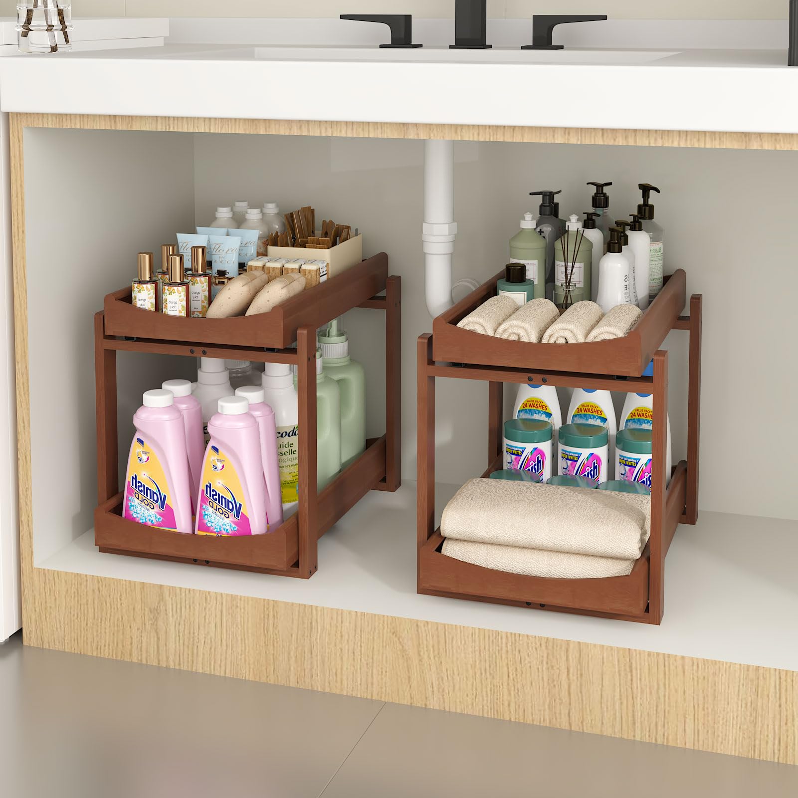 MHXW SXPN Bamboo Under Sink Organizer and Storage, Pull Out Cabinet Organization, 2 Tier Vertical Slide Out Undersink Storage Shelf, Organizer Shelves for Kitchen Bathroom Medicine (Natural, 2 Pack)