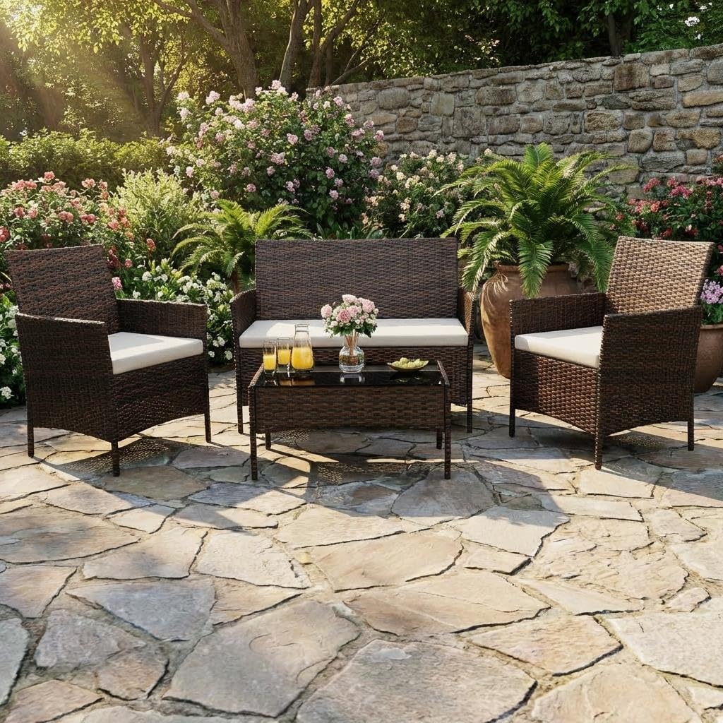 4PCS Outdoor Patio Bistro Set, PE Rattan Wicker Armchairs with Water-Resistant Cushions & Tempered Glass Coffee Table, All-Weather Conversation Set for Garden, Backyard, Porch, Poolside, Brown/Beige