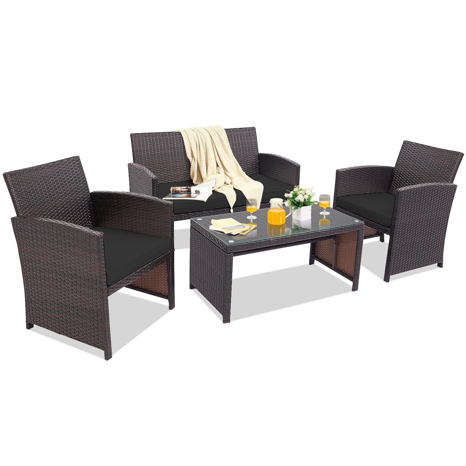 HAPPYGRILL Set of 4 Rattan Conversation Set Outdoor Wicker Furniture Set with Tempered Glass Coffee Table, Soft Cushions, Weather-Resistant Rattan Chair Set for Garden Backyard Poolside