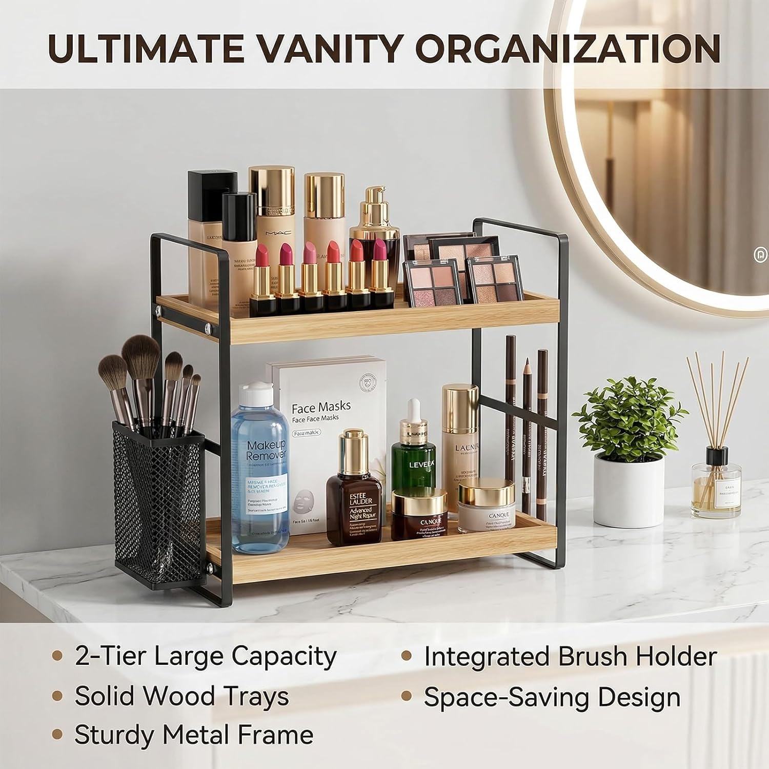 LEMIKKLE 2-Tier Wood Bathroom Counter Organizer with Basket,Waterproof Vanity Perfume Skincare Storage for Bathroom, Kitchen, Dresser