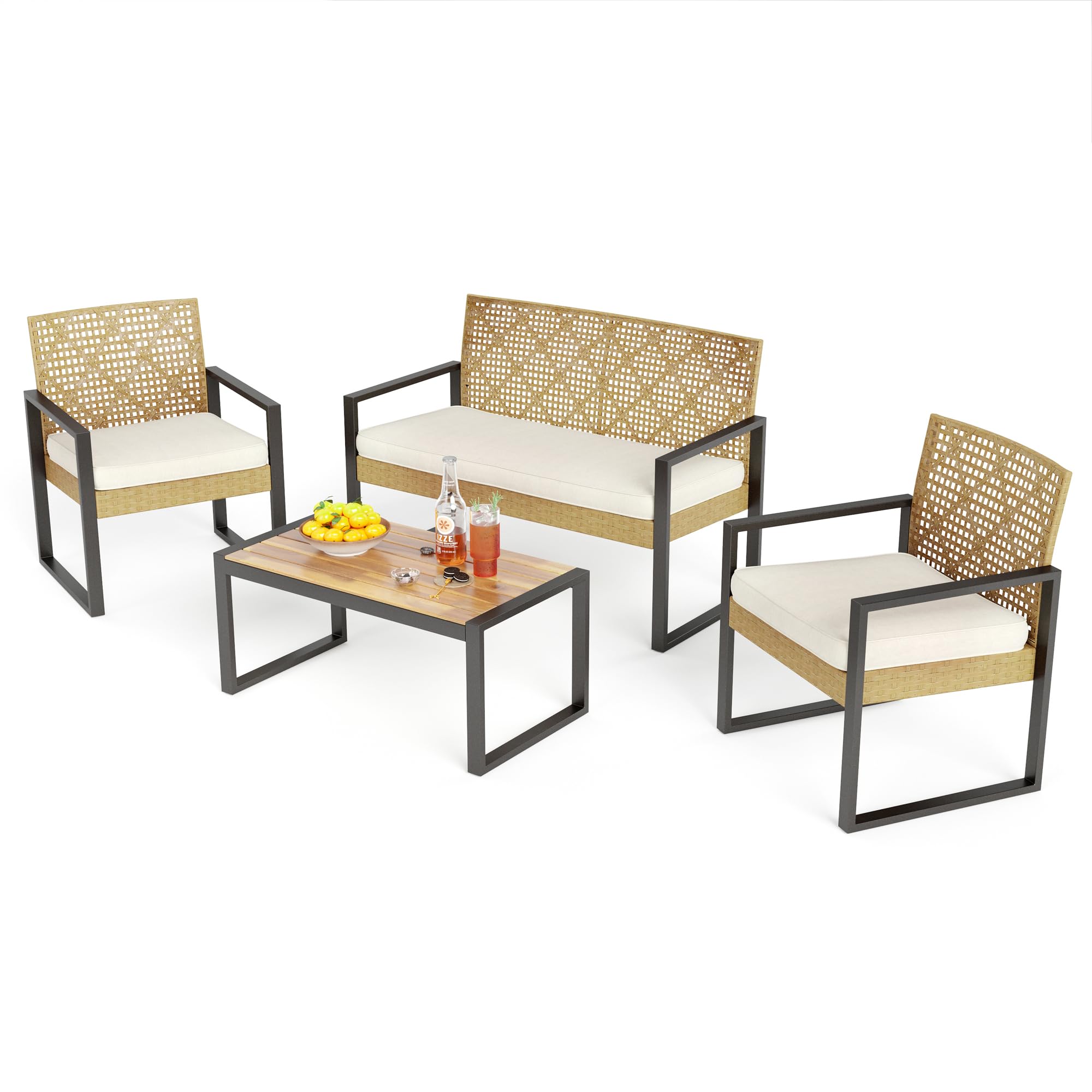 PHI VILLA Patio Wicker Furniture Set for 4, Brown Rattan Loveseat & Chairs with Beige Cushions & Acacia Wood Coffee Table, Outdoor Conversation Sofa Set for Deck, Yard, Porch (Round Hole Back)