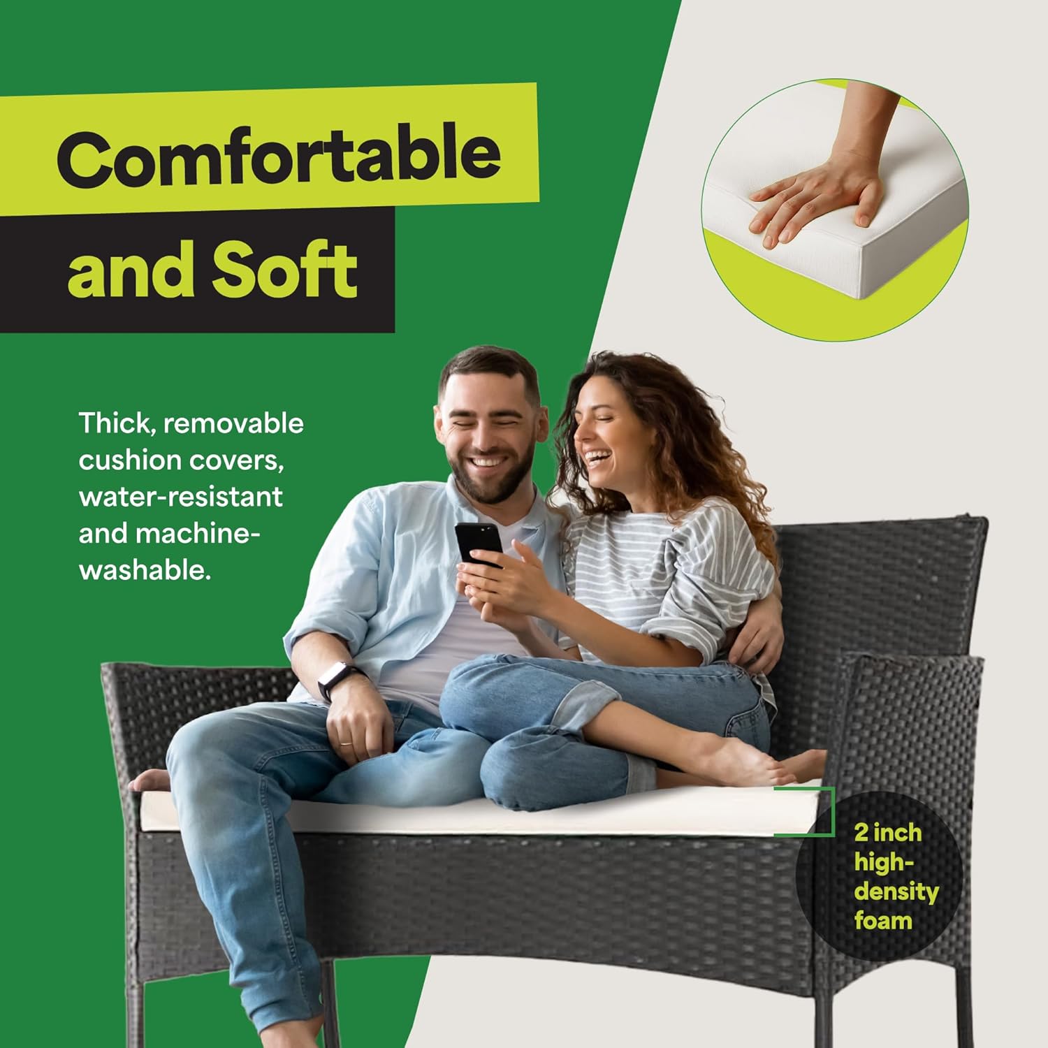 EconoHome 4-Piece Outdoor Patio Furniture Set - Patio Set with 2 Rattan Chairs, 1 Loveseat & 1 Glass -Top Coffee Table - Weather-Proof Wicker with Cushions - Conversation Set for Porch, Balcony, Lawn