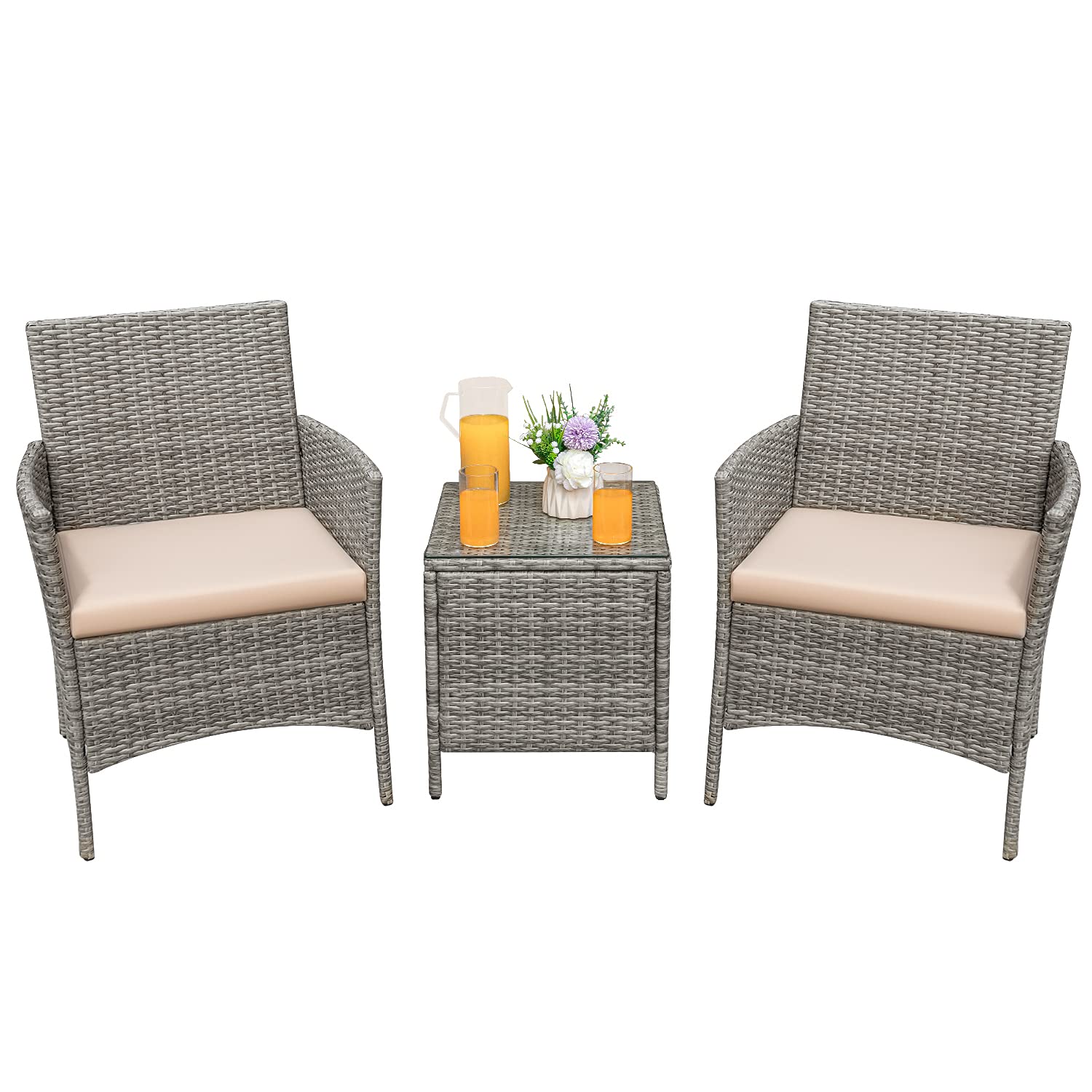 Greesum 3 Pieces Patio Furniture Sets Outdoor PE Rattan Wicker Chairs with Soft Cushion and Glass Coffee Table for Garden Backyard Porch Poolside, Brown and Beige