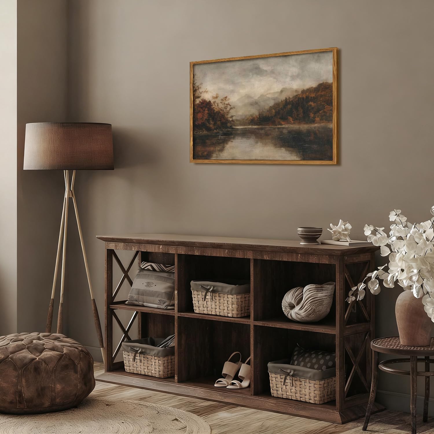 Wood Framed Vintage Wall Art, Moody Lake Forest Landscape Wall Decor Paintings, Nature Mountain Pictures Canvas Prints Rustic Farmhouse Artwork for Living Room Bedroom Home Decor 12x16 inch