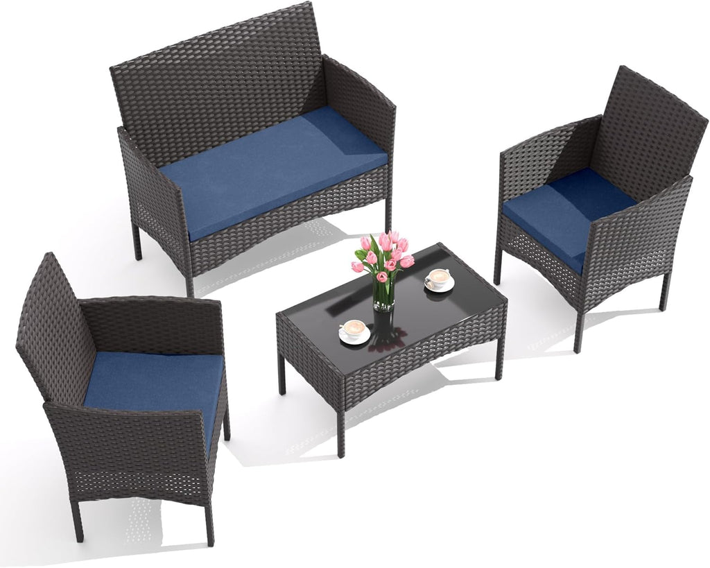 Gotland 4-Piece Outdoor Patio Furniture Set, Wicker Rattan Chairs & Sofa with Cushions and Glass Coffee Table, Conversation Set for Backyard, Lawn, Porch, Pool, Garden (Navy-2)