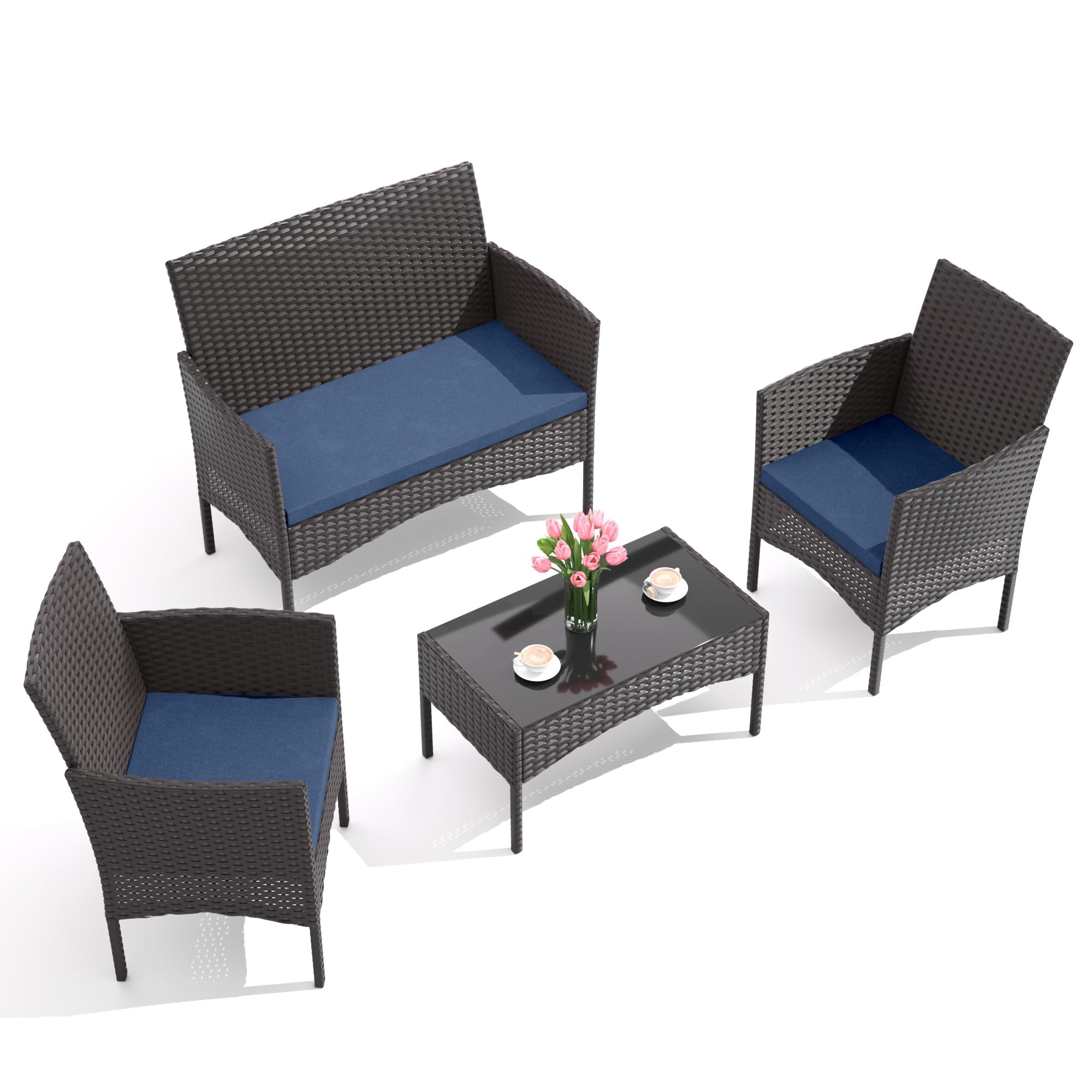 Gotland 4-Piece Outdoor Patio Furniture Set, Wicker Rattan Chairs & Sofa with Cushions and Glass Coffee Table, Conversation Set for Backyard, Lawn, Porch, Pool, Garden (Navy-2)