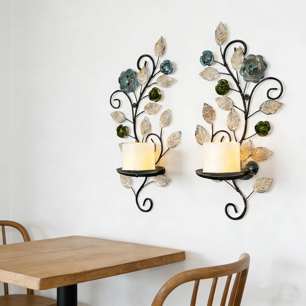 Metal Wall Candle Sconce Holders Set of 2, Rustic Leaf and Flower Branch Candle Holder Wall Decoration for Living Room Farmhouse Wedding Fireplace