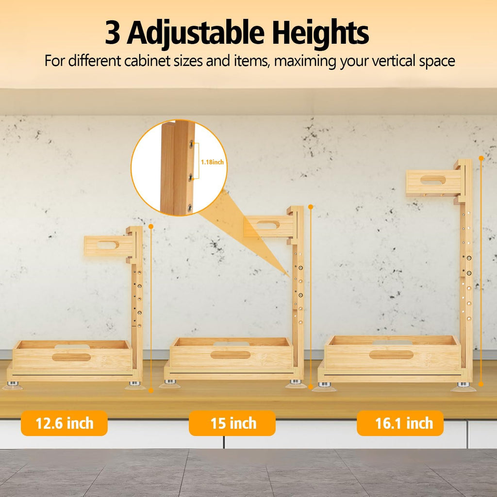 Banlilu Under Sink Organizer, Pull Out Cabinet Organizer, 2 Tier Slide Out Sink Shelf Cabinet Storage Shelves, Storage for Kitchen Bathroom, Natural Premium Bamboo Wood