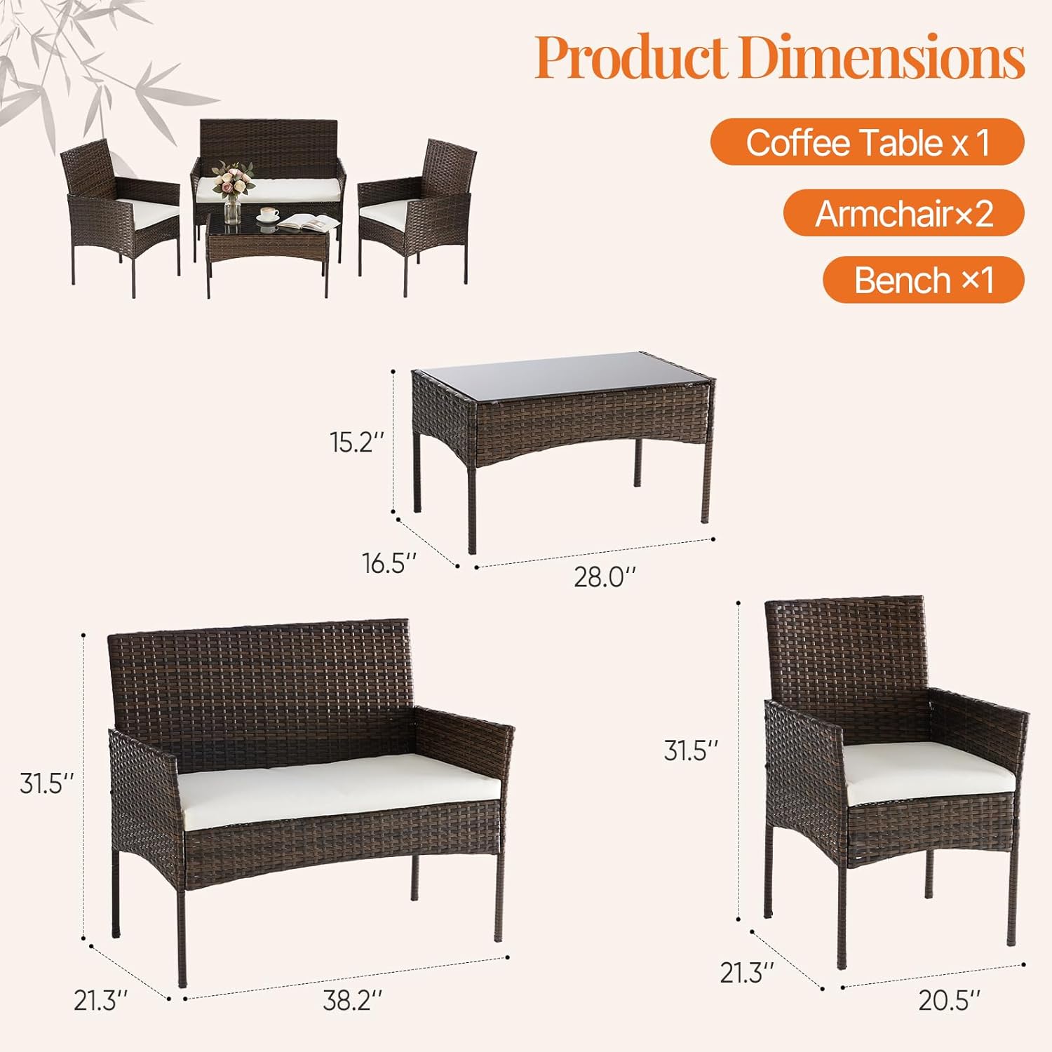 Sweetcrispy 4-Piece Patio Furniture Set, Weather-Resistant PE Rattan Wicker Outdoor Conversation Set with Tempered Glass Tabletop, Durable Outdoor Seating for Garden, Backyard, Porch, Deck, Brown