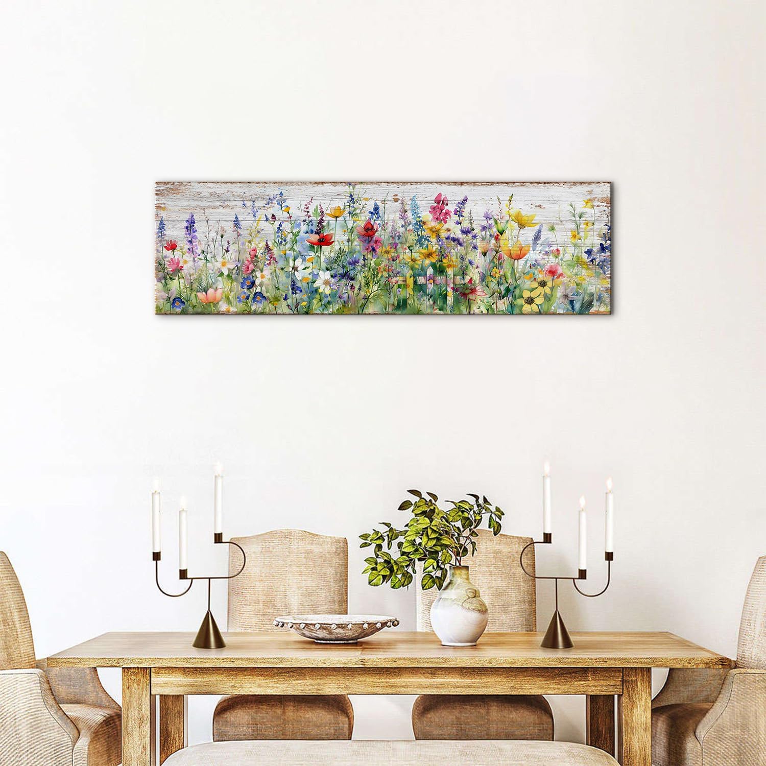 Rustic Wildflower Wall Art Colorful Farmhouse Floral Scenery Picture Decor Watercolor Flower Landscape Wood Grain Prints Painting Artwork for Living Room Office Bathroom Bedroom Home Decoration 14x48"