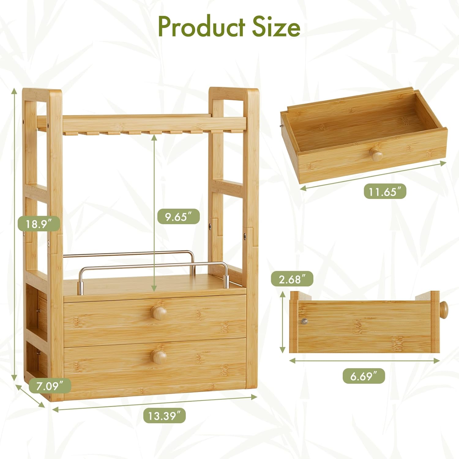 AmazerBath Bamboo Bathroom Countertop Organizer, 2-Tier Makeup Organizer with 2 Drawers, Vanity Organizer Storage Coffee Matcha Station, Compact Shelf for Bathroom Kitchen Office