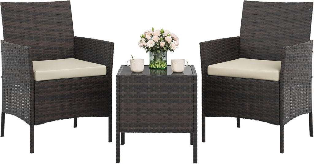 GAOMON 3-Piece Patio Furniture Set, Modern PE Rattan Conversation Set with 2 Chairs & Tempered Glass Coffee Table, All-Weather Outdoor Seating for Garden, Porch, Balcony, Poolside, Brown/Cream
