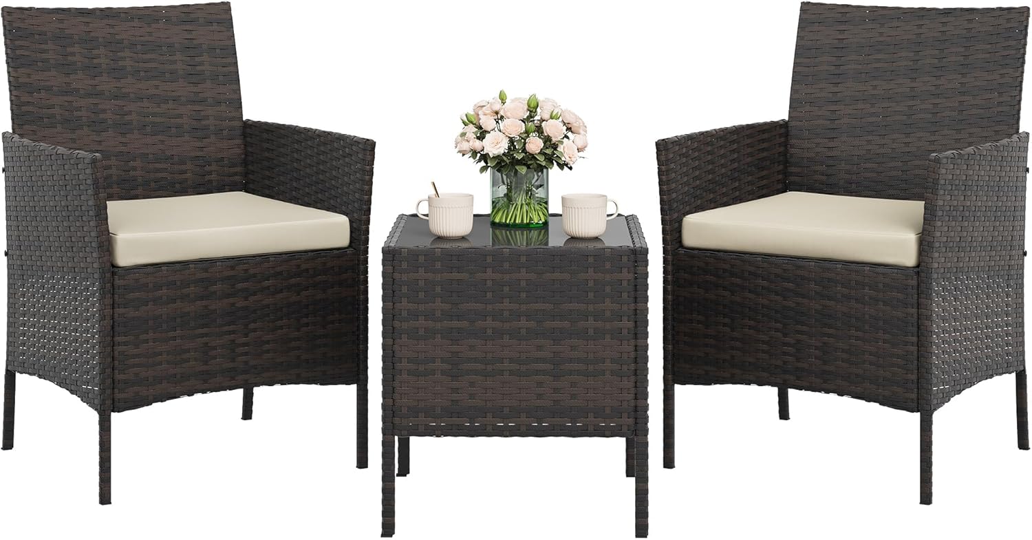 GAOMON 3-Piece Patio Furniture Set, Modern PE Rattan Conversation Set with 2 Chairs & Tempered Glass Coffee Table, All-Weather Outdoor Seating for Garden, Porch, Balcony, Poolside, Brown/Cream