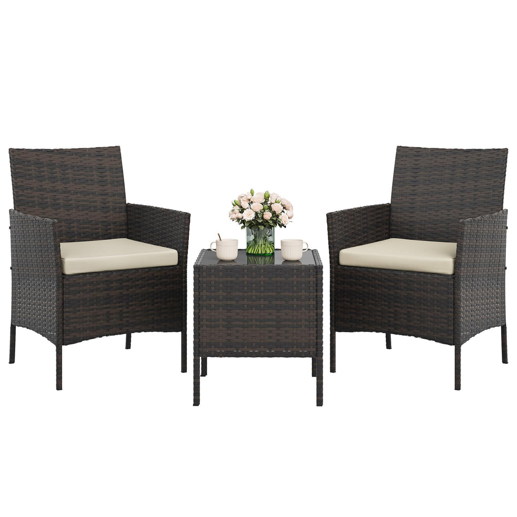 GAOMON 3-Piece Patio Furniture Set, Modern PE Rattan Conversation Set with 2 Chairs & Tempered Glass Coffee Table, All-Weather Outdoor Seating for Garden, Porch, Balcony, Poolside, Brown/Cream