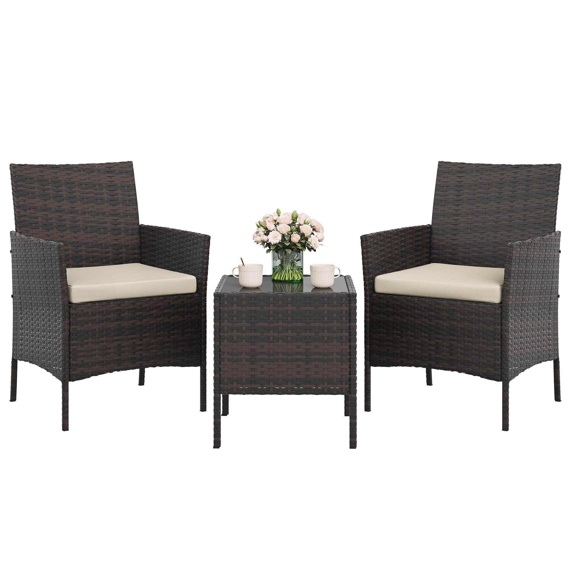 GAOMON 3-Piece Patio Furniture Set, Modern PE Rattan Conversation Set with 2 Chairs & Tempered Glass Coffee Table, All-Weather Outdoor Seating for Garden, Porch, Balcony, Poolside, Brown/Cream