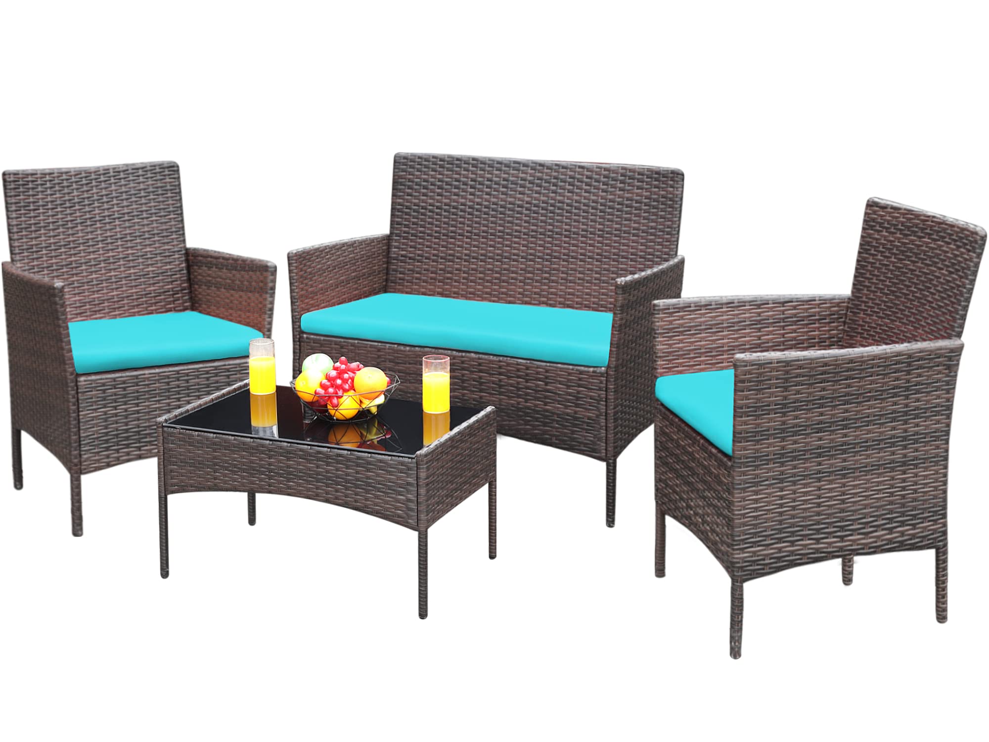 Greesum Patio Furniture 4 Pieces Conversation Sets Outdoor Wicker Rattan Chairs Garden Backyard Balcony Porch Poolside loveseat with Soft Cushion and Glass Table, Brown and Beige