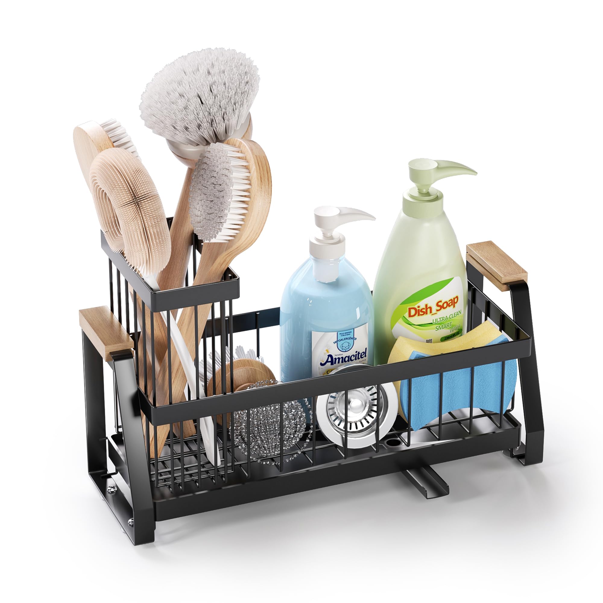 Sink Caddy Organizer with Wooden Handle & Self-Draining Tray, Trapezoid Kitchen Sponge Holder with Non-Slip Suction Cups , Organizer for Sponge, Brush, Soap Dispenser for Sink and Bathroom Countertop