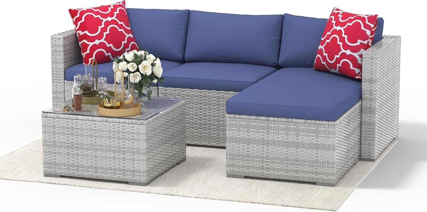 4PCS Outdoor Patio Bistro Set, PE Rattan Wicker Armchairs with Water-Resistant Cushions & Tempered Glass Coffee Table, All-Weather Conversation Set for Garden, Backyard, Porch, Poolside, Brown/Beige