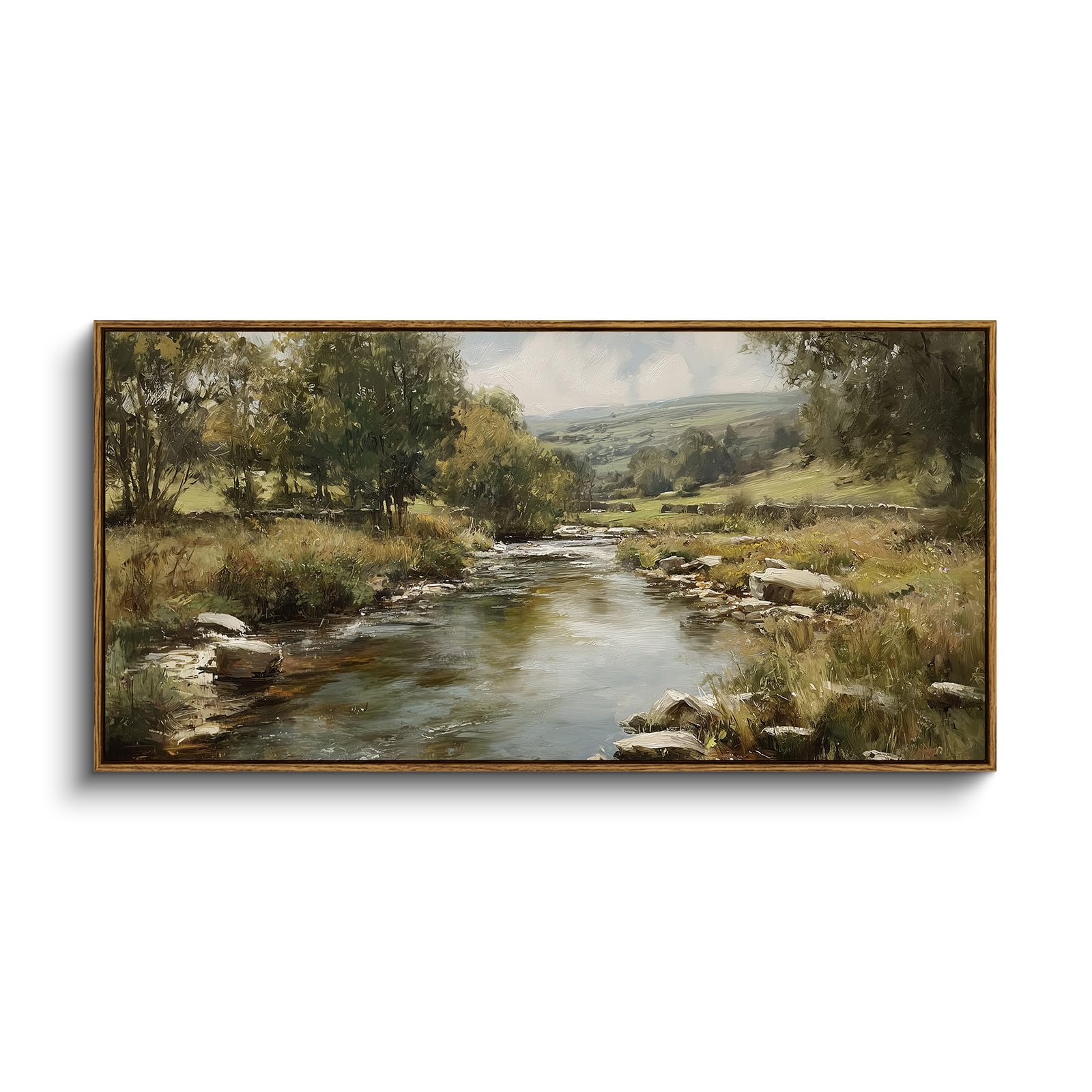 InSimSea Extra Large Framed Vintage Wall Art, Living Room Country Farmhouse Decor, Wild Field under Sky Landscape Paintings, Canvas Prints, Scenery Long Picture for Bedroom Above of Bed,12x36inch