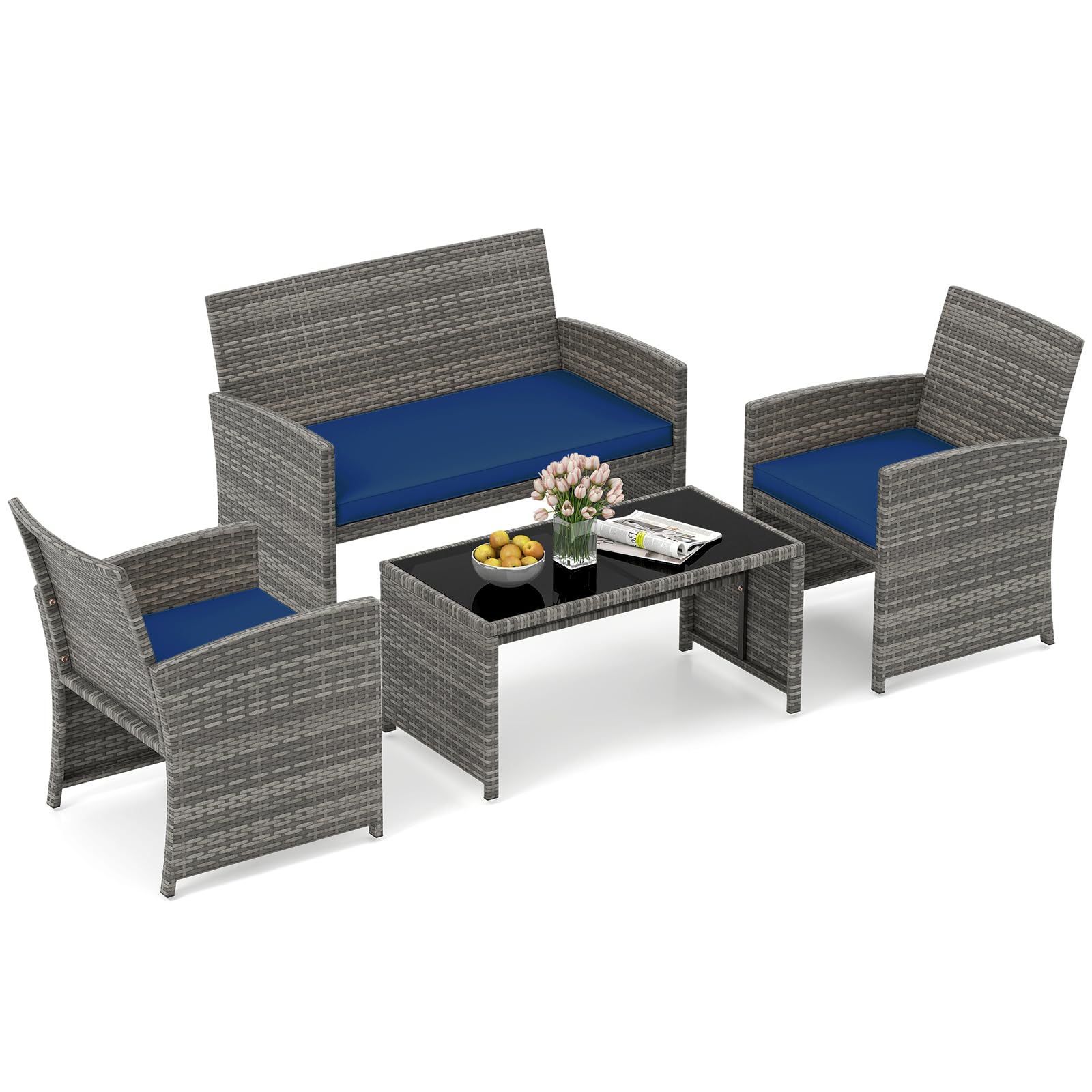HAPPYGRILL Set of 4 Rattan Conversation Set Outdoor Wicker Furniture Set with Tempered Glass Coffee Table, Soft Cushions, Weather-Resistant Rattan Chair Set for Garden Backyard Poolside