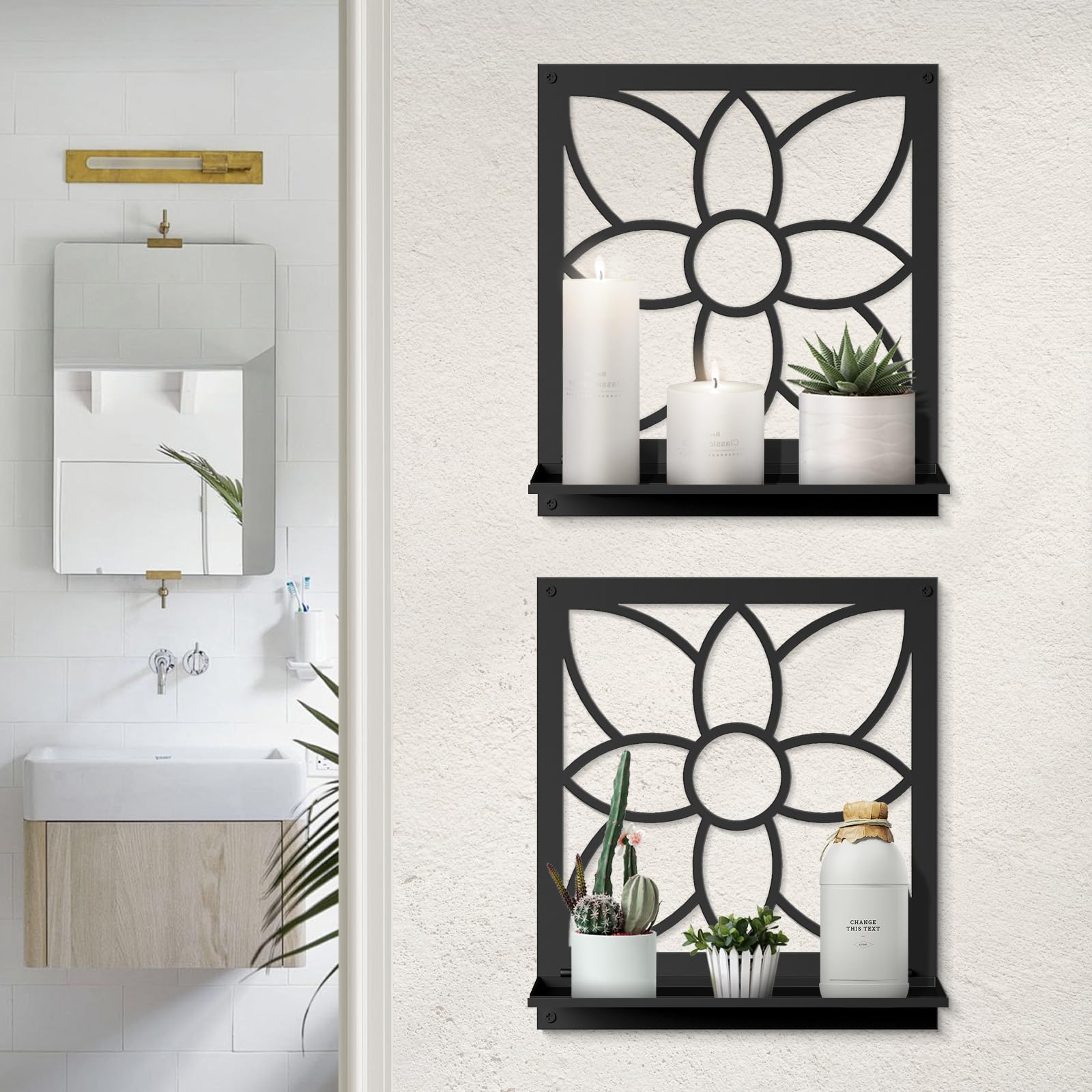 Black Metal Wall Candle Holder Set of 2, Minimalist Rustic Aesthetics Wall Art Decor for Living Room Bedroom Bathroom (11.8 x 13 in)