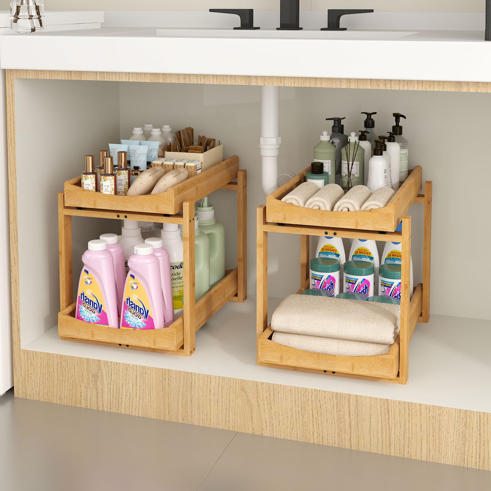 MHXW SXPN Bamboo Under Sink Organizer and Storage, Pull Out Cabinet Organization, 2 Tier Vertical Slide Out Undersink Storage Shelf, Organizer Shelves for Kitchen Bathroom Medicine (Natural, 2 Pack)