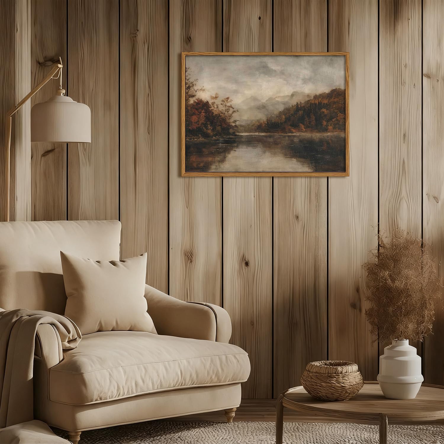 Wood Framed Vintage Wall Art, Moody Lake Forest Landscape Wall Decor Paintings, Nature Mountain Pictures Canvas Prints Rustic Farmhouse Artwork for Living Room Bedroom Home Decor 12x16 inch