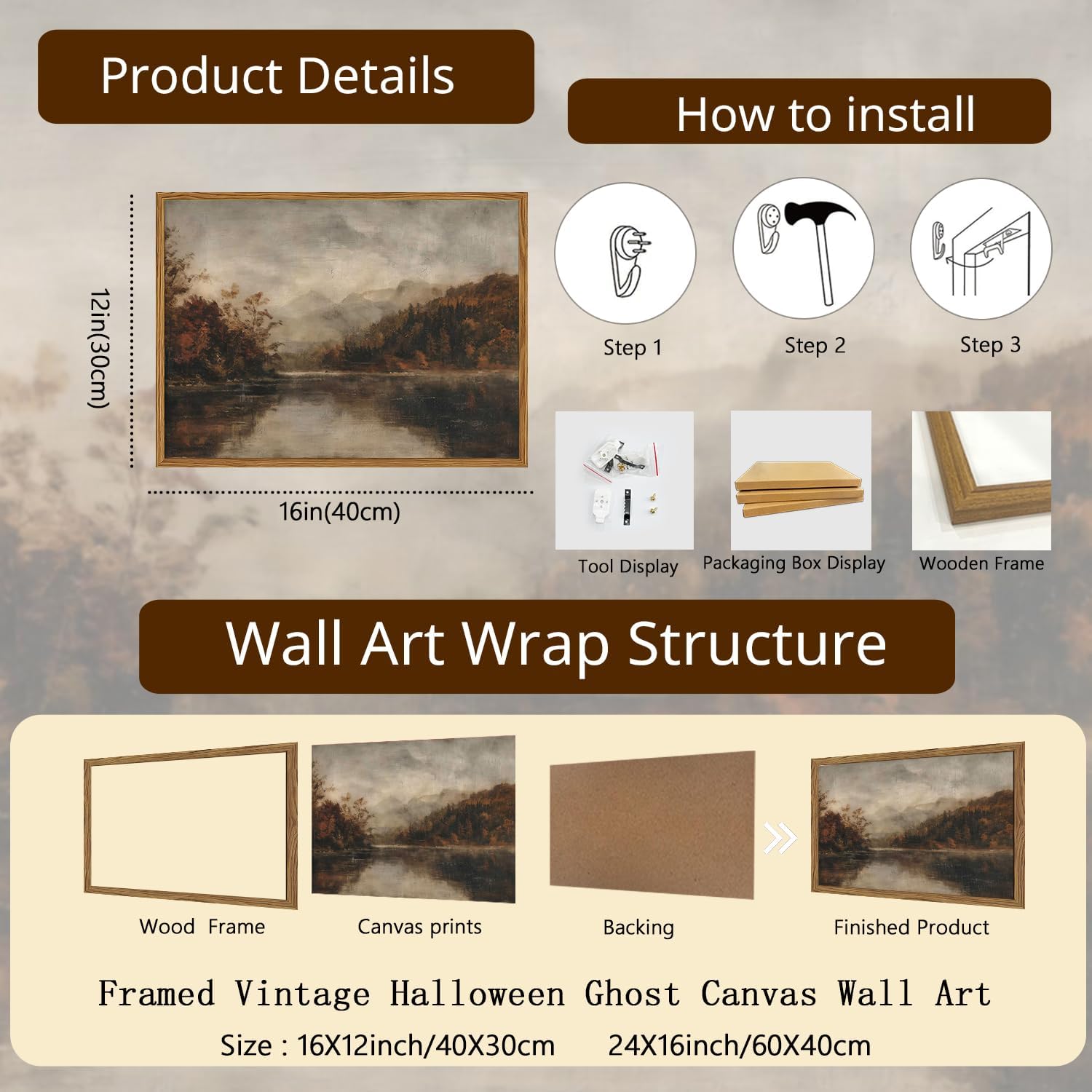 Wood Framed Vintage Wall Art, Moody Lake Forest Landscape Wall Decor Paintings, Nature Mountain Pictures Canvas Prints Rustic Farmhouse Artwork for Living Room Bedroom Home Decor 12x16 inch