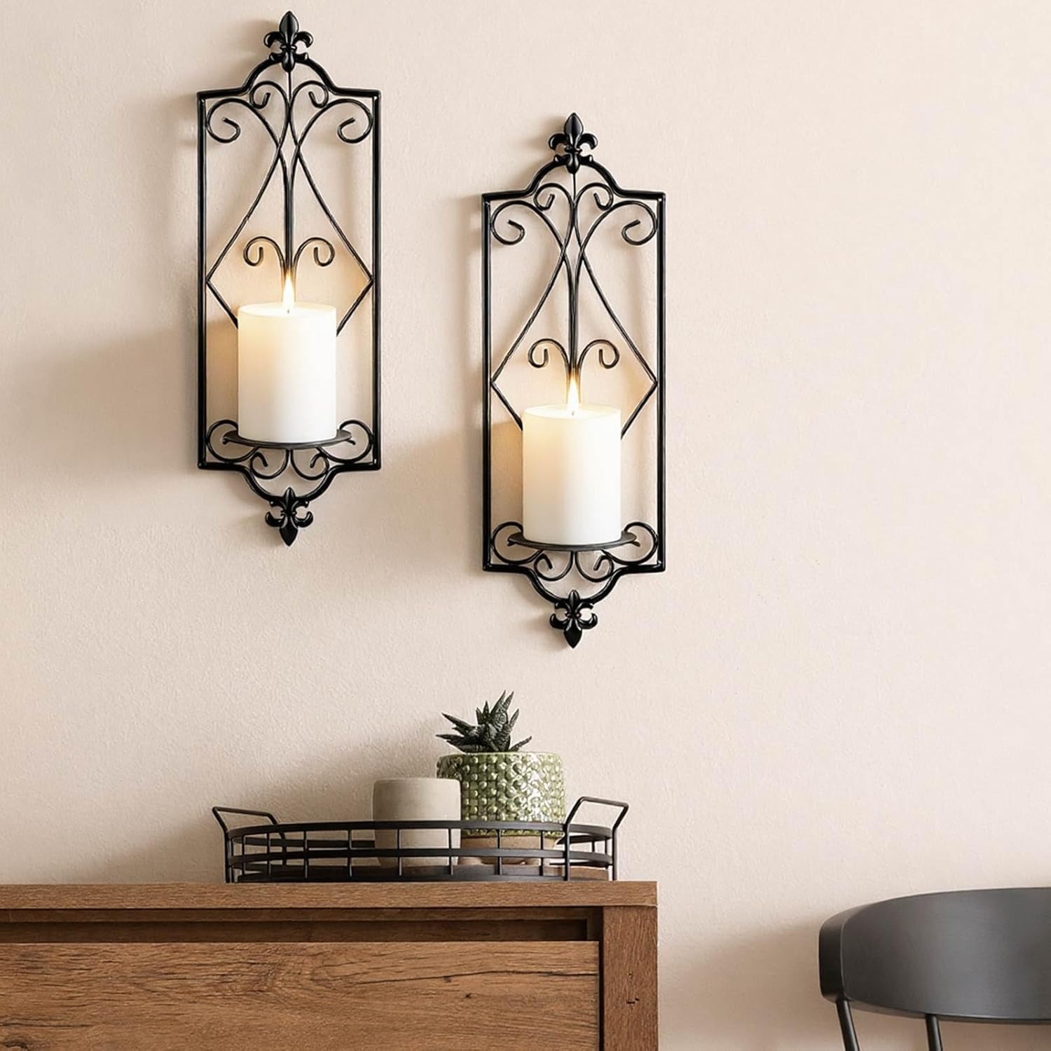 Ziliny Set of 2 Wall Sconce Candle Holder Black Vintage Wall-Mount Metal Candle Holders Hanging Iron Wall Sconce for Home, Living Room, Bathroom, Dining Room Winter Decor, 16.5 x 5.7 Inches