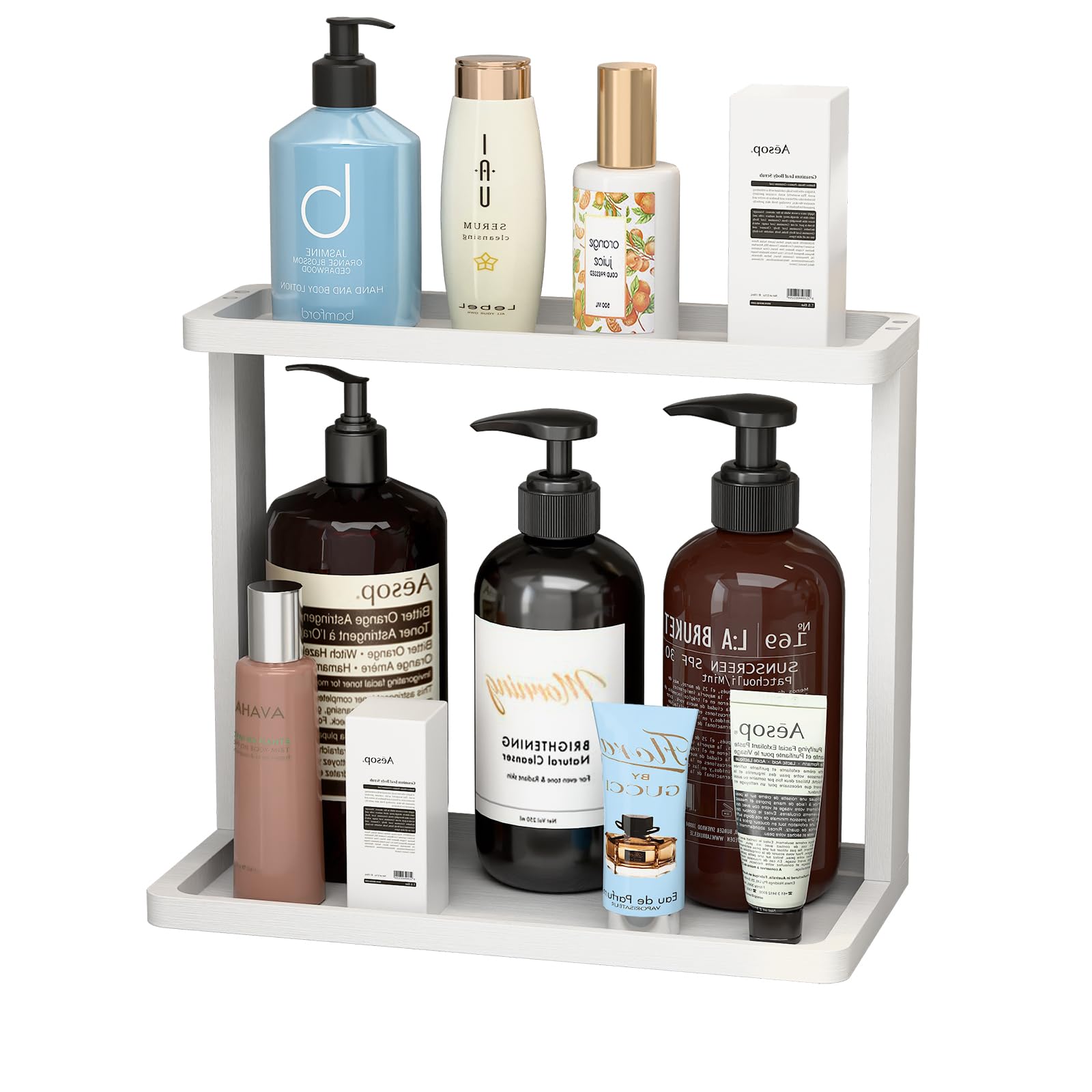 PEKER Bamboo Bathroom Organizer Countertop – Small Vanity Storage Shelf for Makeup, Perfume, Skincare – Natural Cosmetics Display Rack for Dresser, Sink, Kitchen – Natural