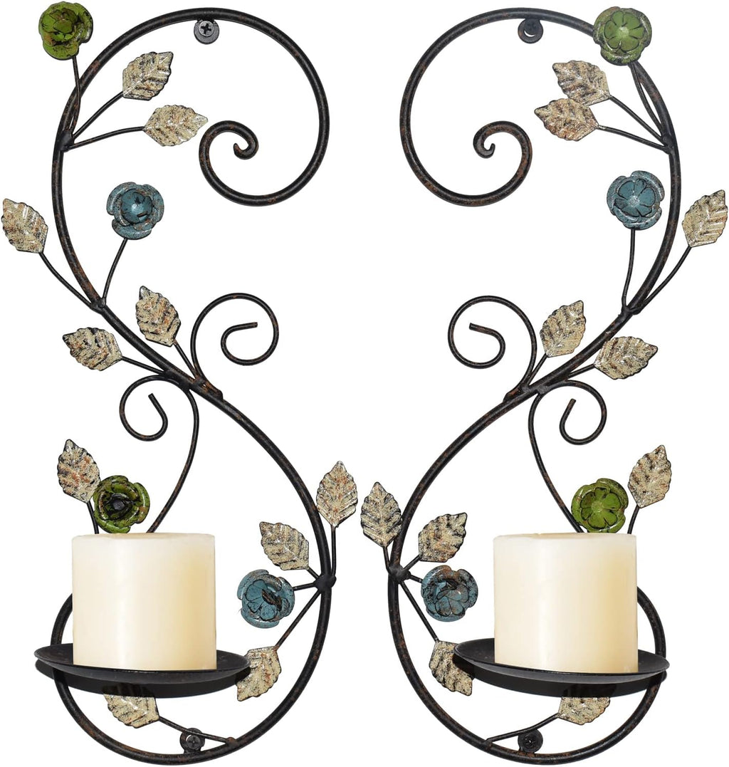 Wall Sconces Candle Holder Set of 2, Antique Multi-Color Leaf Branch Wall Mount Hanging Metal Wall Candle Holder Candle Sconce for Living Room Dining Room…