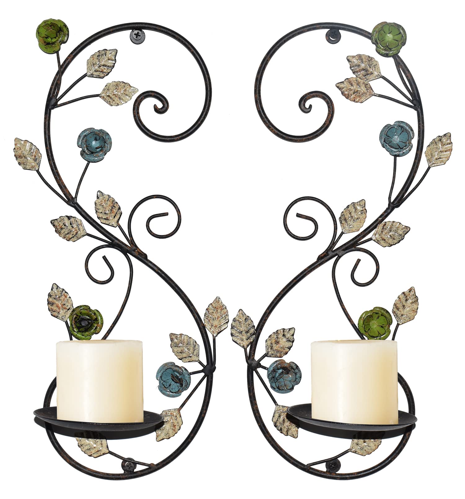 Wall Sconces Candle Holder Set of 2, Antique Multi-Color Leaf Branch Wall Mount Hanging Metal Wall Candle Holder Candle Sconce for Living Room Dining Room…