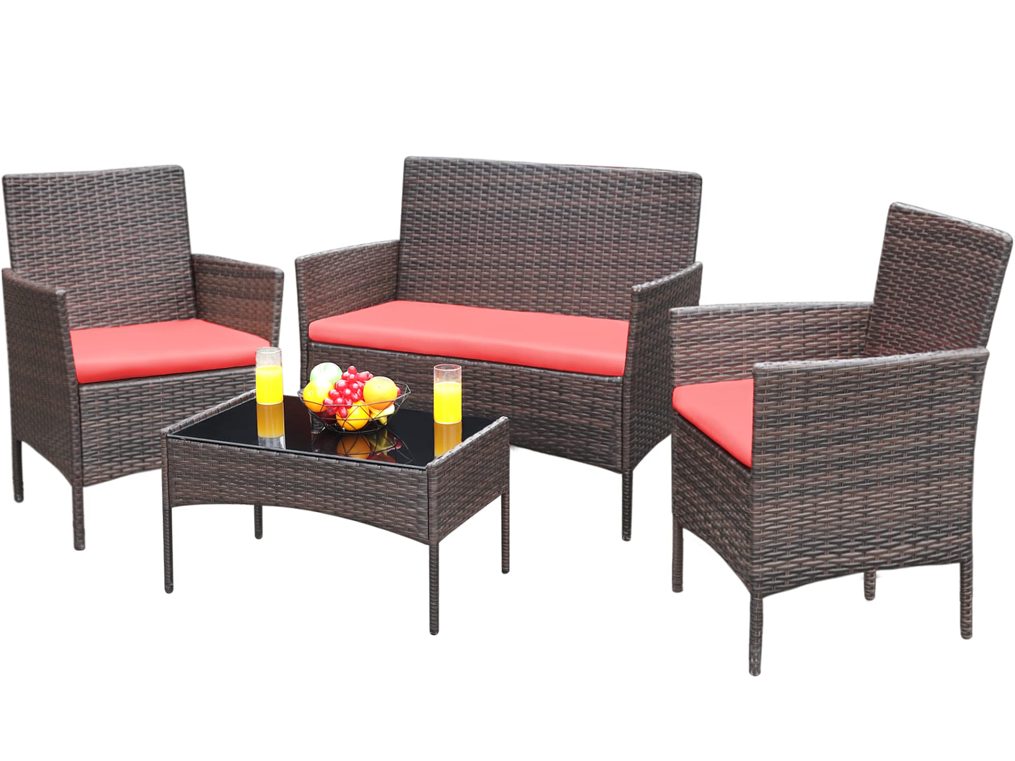 Greesum Patio Furniture 4 Pieces Conversation Sets Outdoor Wicker Rattan Chairs Garden Backyard Balcony Porch Poolside loveseat with Soft Cushion and Glass Table, Brown and Beige