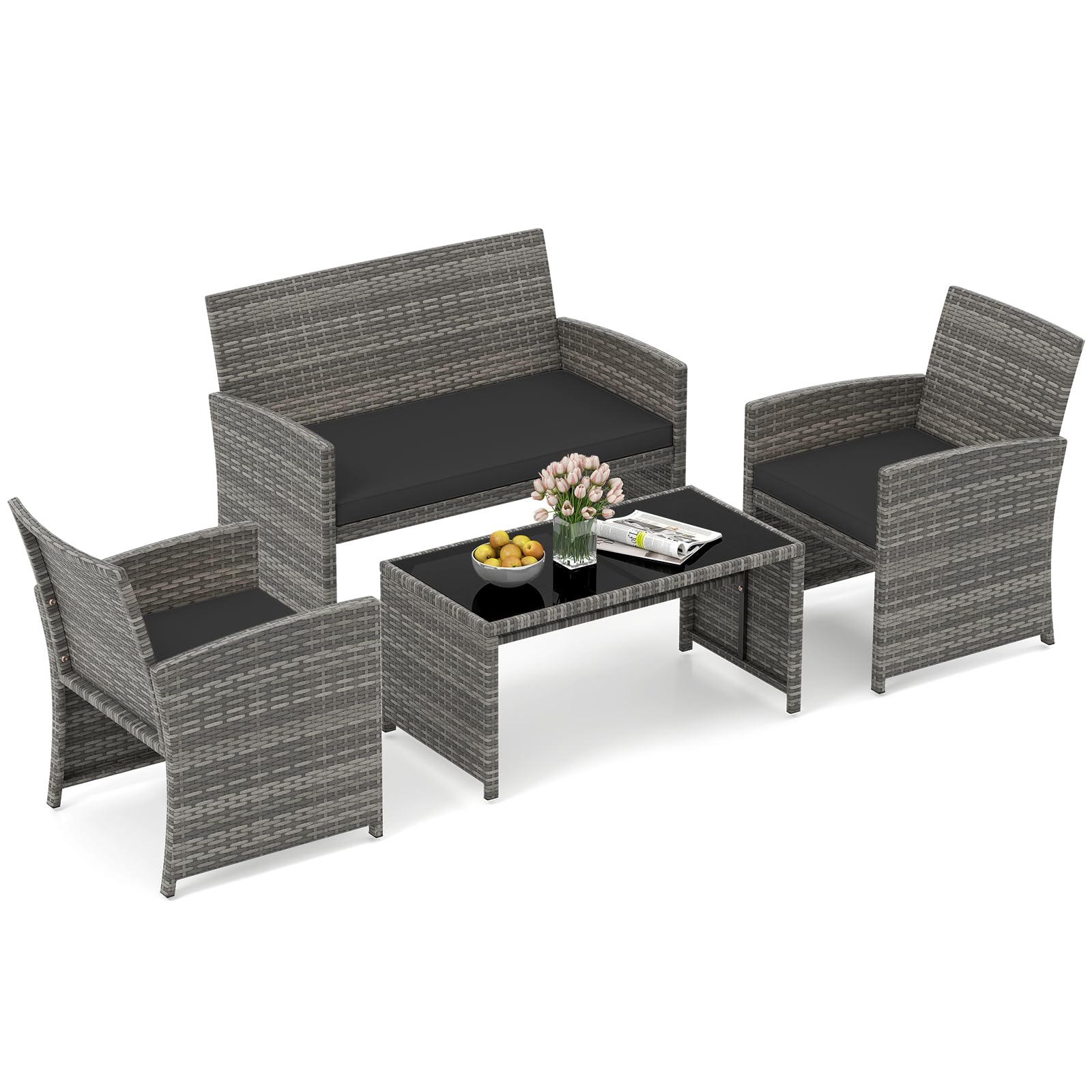 HAPPYGRILL Set of 4 Rattan Conversation Set Outdoor Wicker Furniture Set with Tempered Glass Coffee Table, Soft Cushions, Weather-Resistant Rattan Chair Set for Garden Backyard Poolside