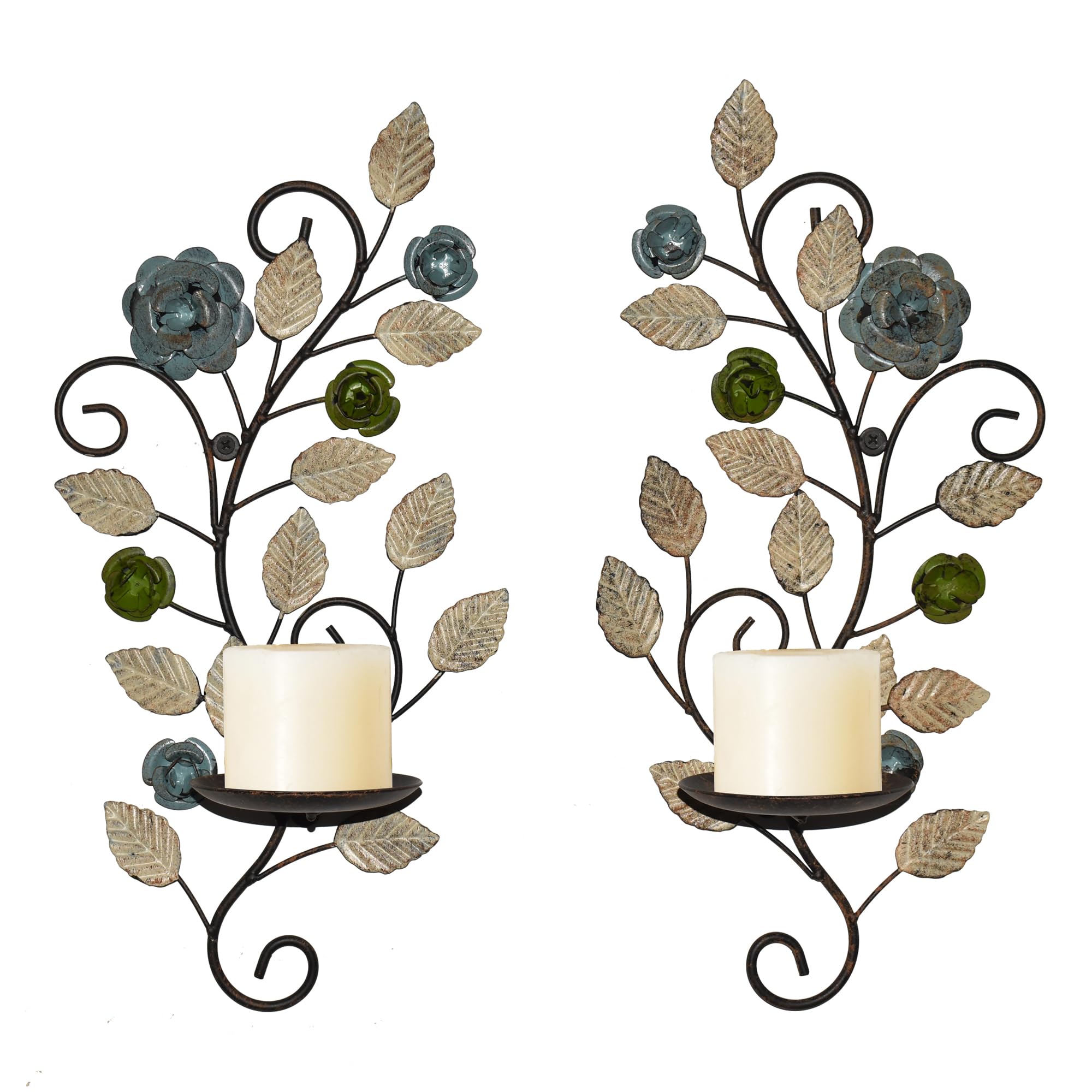 Wall Sconces Candle Holder Set of 2, Antique Multi-Color Leaf Branch Wall Mount Hanging Metal Wall Candle Holder Candle Sconce for Living Room Dining Room…