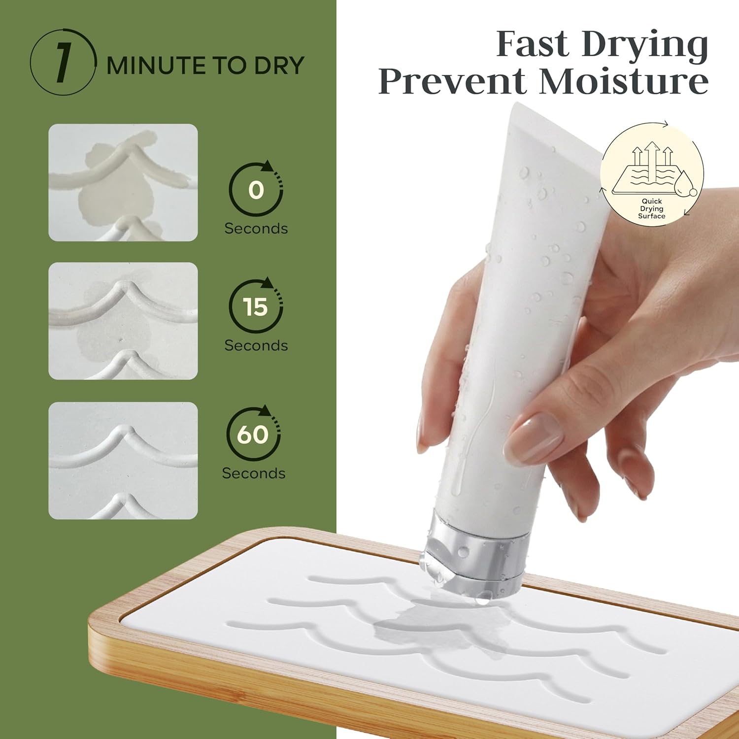 Water Absorbing Stone Tray for Sink, Kitchen Sink Caddy Organizer, Diatomite Bathroom Vanity Counter Tray, Soap Dispenser Sponge Holder, Fast Drying Stone Faucet Mat with Bamboo Tray