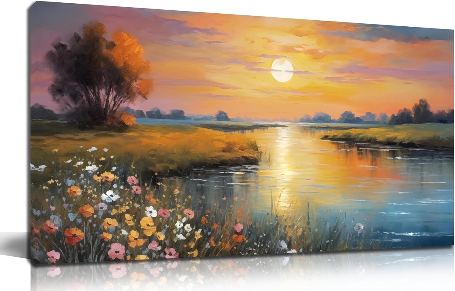 Orange Yellow Sunset Lake Landscape Canvas Wall Art with Vibrant Colorful Wildflowers & Distant Mountain, Serene Nature Scene Picture Print Painting Artwork for Living Room Bedroom Decor 40x20 Inches