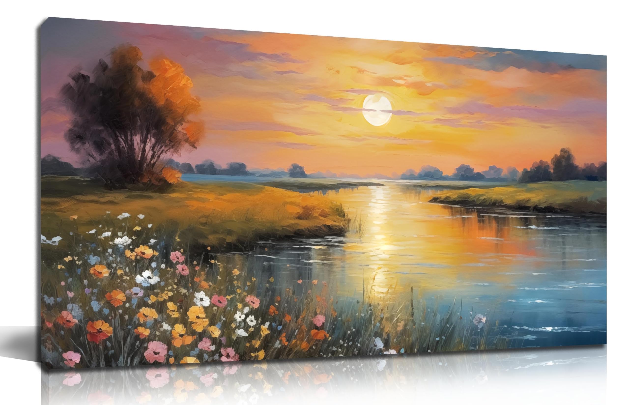 Orange Yellow Sunset Lake Landscape Canvas Wall Art with Vibrant Colorful Wildflowers & Distant Mountain, Serene Nature Scene Picture Print Painting Artwork for Living Room Bedroom Decor 40x20 Inches